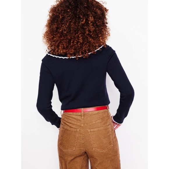 BODEN Frill Collared Wool Blend Cardigan Sweater Navy Blue White Preppy X-Small - Picture 8 of 16